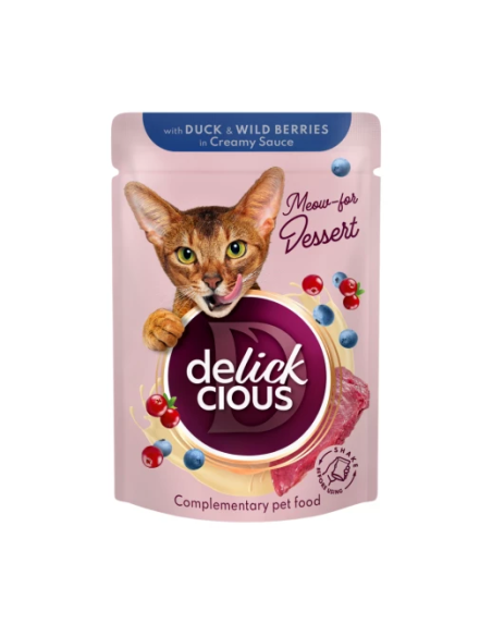 Delickcious -  dezert pre mačky kačka a lesné ovocie 80g