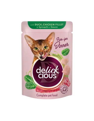 Delickcious kapsička pre mačky kačka, kura & špenát 85g