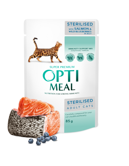 OPTIMEAL kapsička sterilised losos a čučoriedky v želé 85g