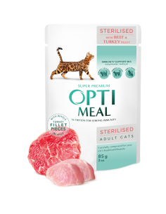 OPTIMEAL kapsička sterilised hovädzie s morčacím filé v želé 85g